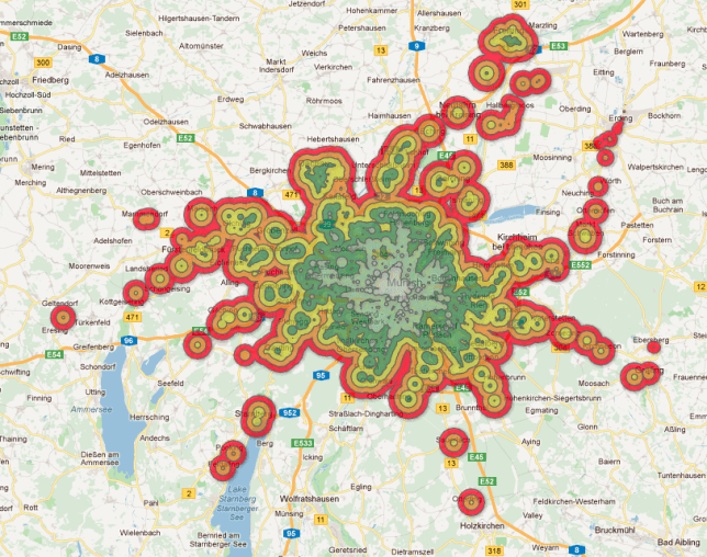 Munich transit system Isochrone Map